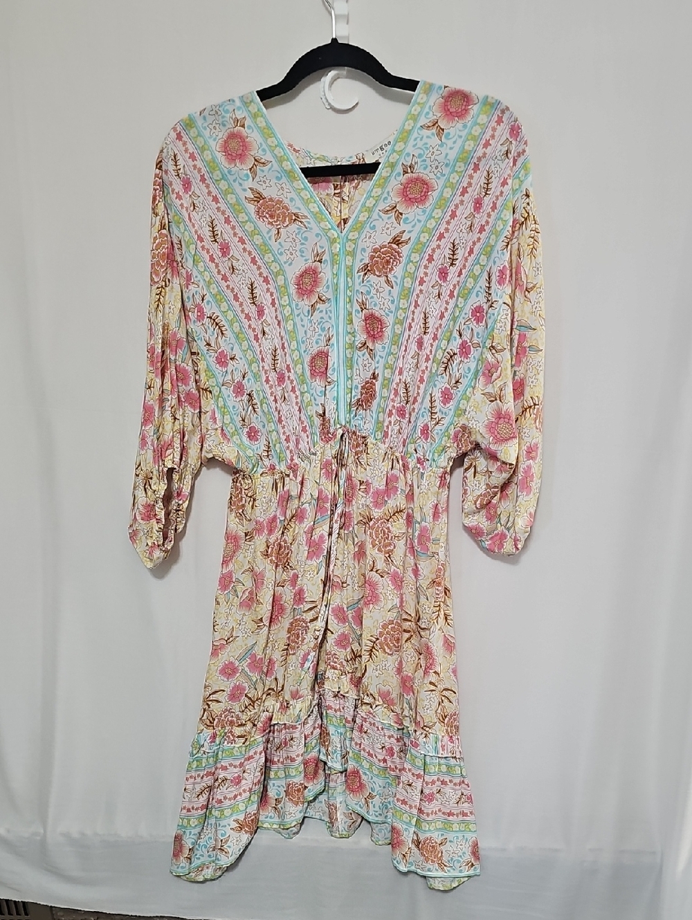 Umgee Floral Boho Tiered Mini Dress in Pink, Peach & Mint